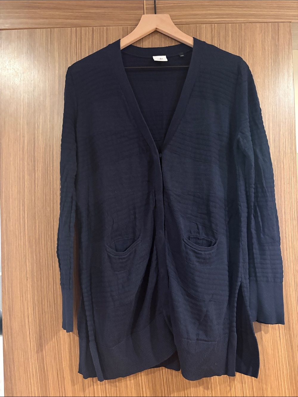 CAbi: Long Cardigan w/ Pockets, Size M, Navy w/ Stripe Pattern